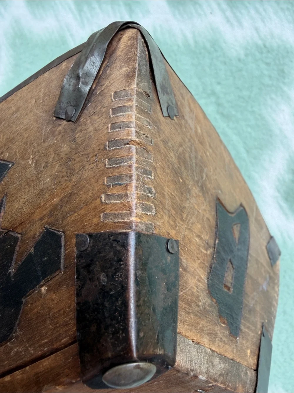 Antique Chinese Wooden Rice Bucket with iron and dovetail joints - brown tan